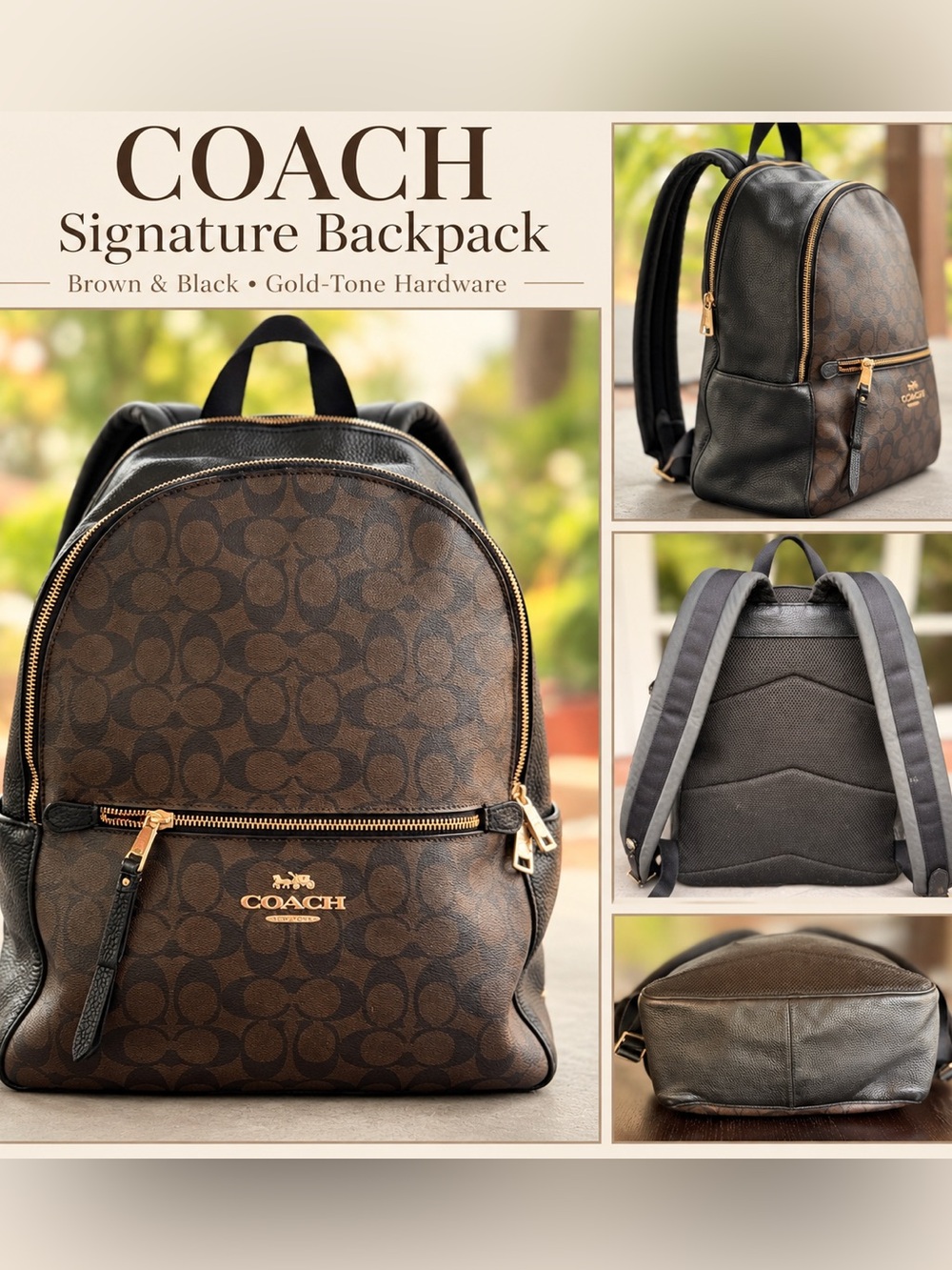 Coach Large Signature Backpack Brown Black Gold Tone Hardware Travel Bag